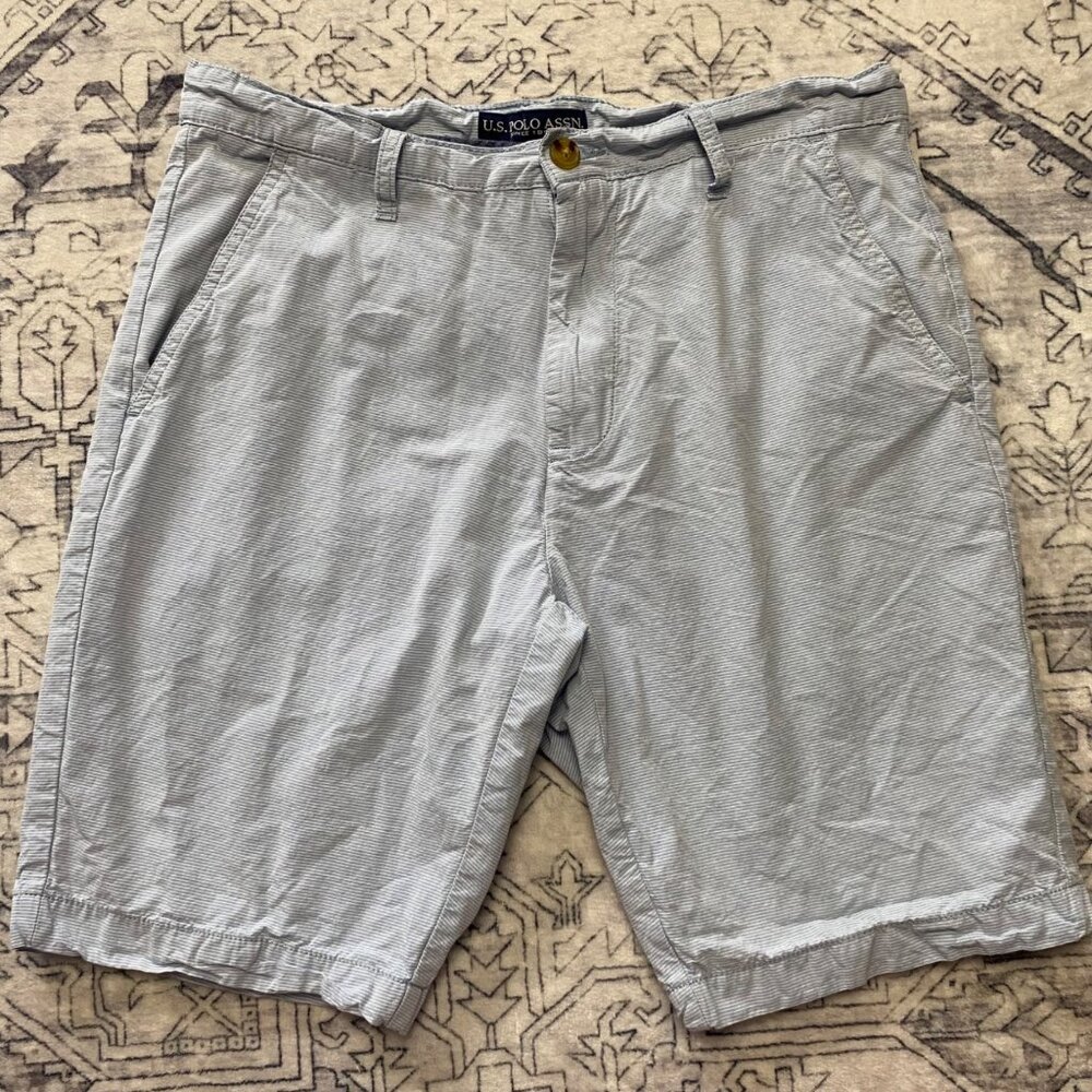 U.S. Polo Assn. Mens Light Blue Striped‎ Shorts W32 Cotton Stretch Chinos Beach